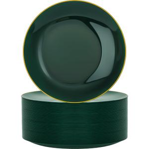 Nervure 100Pcs Green and Gold Plastic Plates - 10.25inch Disposable Green Dinner Plates - Heavy Duty Plastic Plate Ideal for Wedding & Party