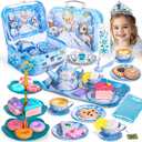 Tea Party Set for Little Girls, Princess Gift Toy, Kids Pretend Play Tin Tea Set with Teapot, Tea Cups, Food Playset & Carrying Case, Birthday for Girls Age 3+