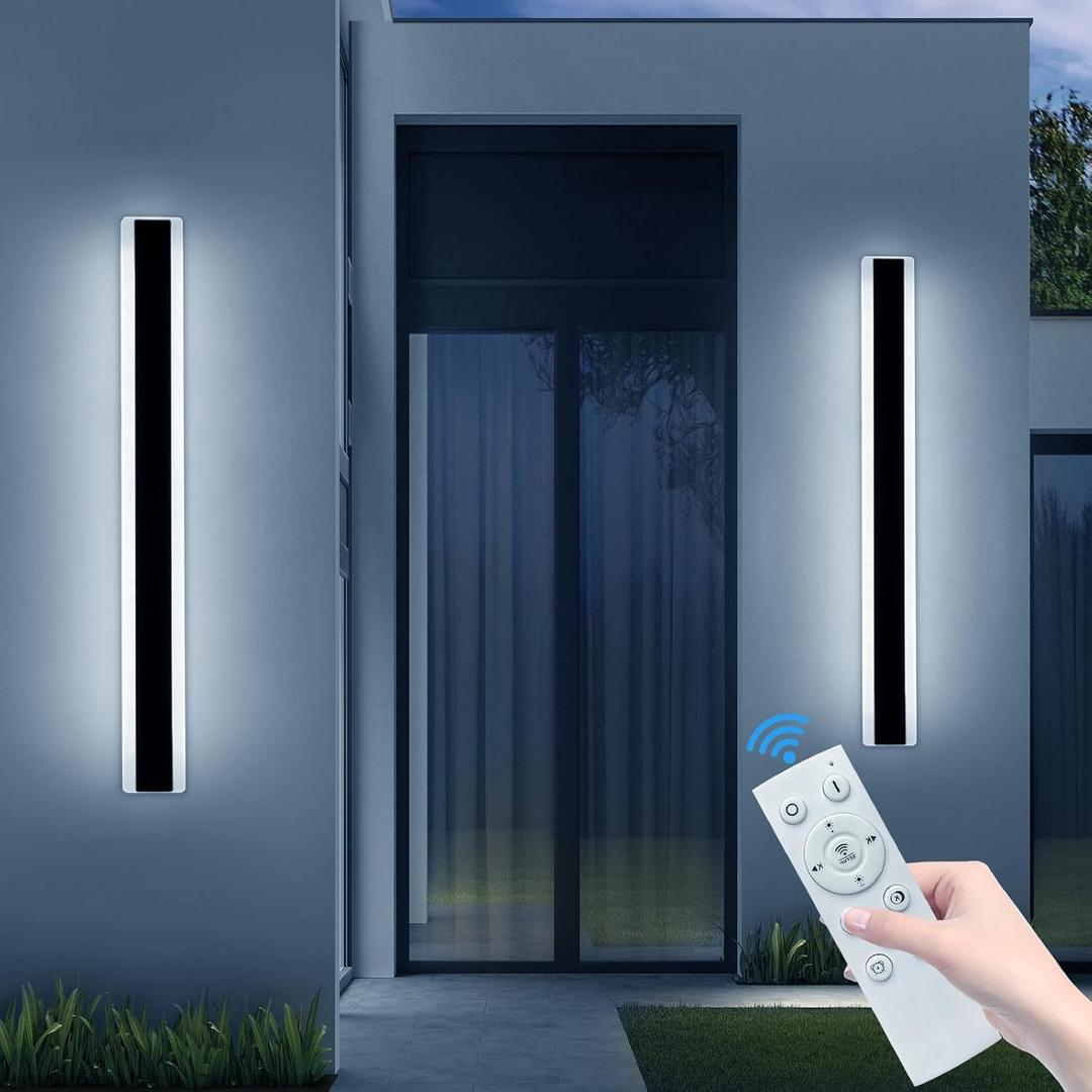 2 Pack 31.4inch Modern Outdoor LED Wall Sconces, Dimmable 3000K-6000K with Remote Control, IP65 Waterproof Black Aluminium Long Exterior Wall Light Fixture for Porch, Patio, Garage, Yard