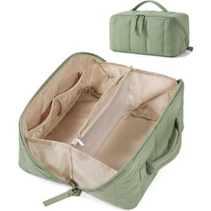 BAGSMART Puffy Travel Makeup Bag Toiletry Bag for Women, Sage Green | Open Flat, Portable, Make Up Organizer, Water-resistant, Puffy Padded, For Toiletries, Brushes