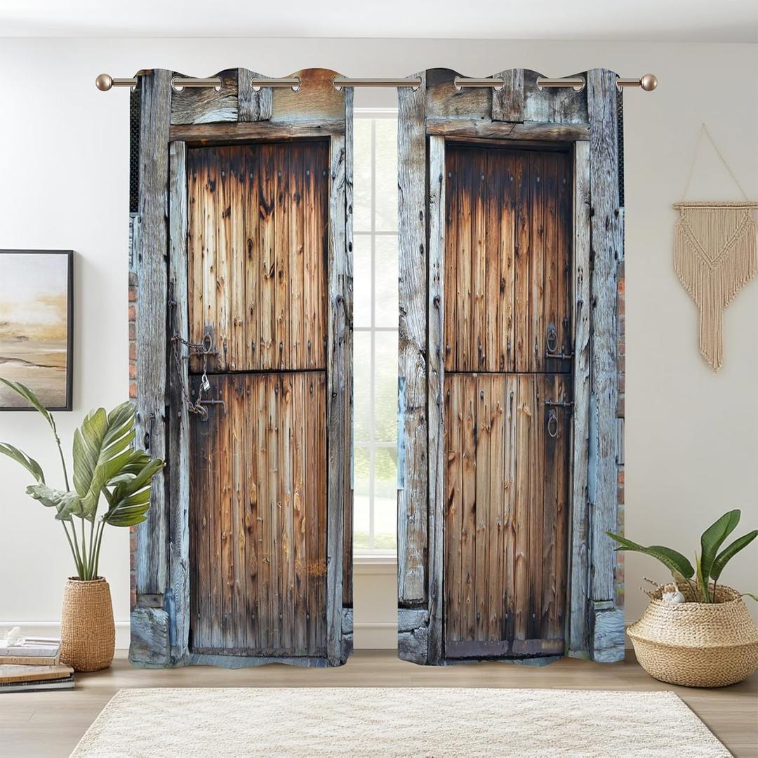 Renaiss Wood Barn Door Curtain Blackout, Rustic Cabin Print Blackout Bedroom Window Drapes, Western Farmhouse Window Curtains for Living Room, 96L x 53W Set of 2 Panels