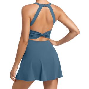 Women's Workout Tennis Dress with Built in Shorts and Bra Athletic Golf Activewear for Exercise (Large, Blue)
