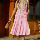 AlvaQ Women Summer Dresses Sleeveless Smocked Midi Dress High Waist Casual Tiered A Line Sundress with Pockets (Pink, XL)