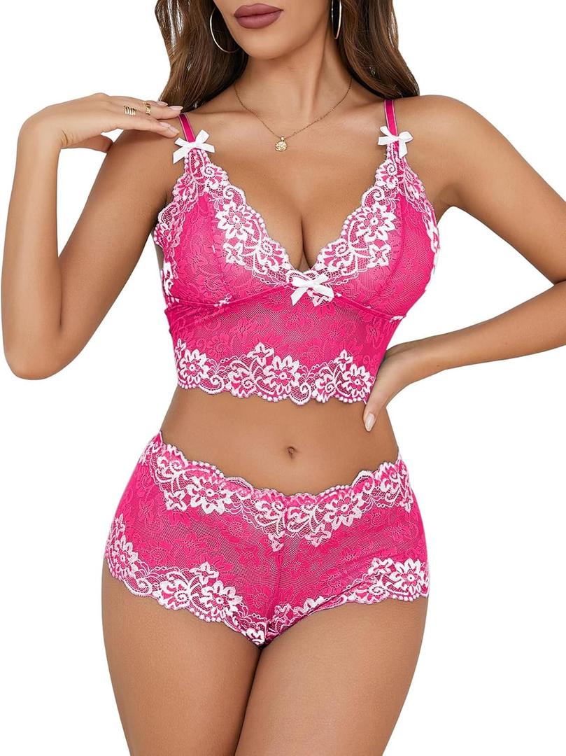 Lilosy Sexy Lace Pajamas Lingerie Set High Waist Sheer Sleepwear Bow Ties Cami Shorts Bra and Panty Women 2 Piece See Through Nightwear Floral Hot Pink X-Large
