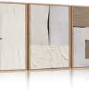 LHIUEM Large Abstract Neutral Framed Canvas Wall Art Set,Mid Century Beige Textured Wall Decor,Brown Gray Block Art Painting for Living Room,Bedroom,Dining Room,Office -24"x36"x3