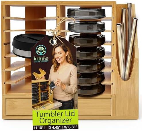 indyBe Bamboo Tumbler Lid Organizer – Space Saving Multi-Tier Storage Rack with Straw Holder and Gasket Drawer – Vertical Cup Lid Organizer for Cabinet, Kitchen Countertop - Double