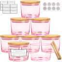 CONNOO 8 Pack 12 OZ Pink Glass Wide Mouth Candle Jars for Making Candles with Airtight Bamboo Lids Nice Sticky Warning Labels for Candle Making Empty Container Bulk - Dishwasher Safe