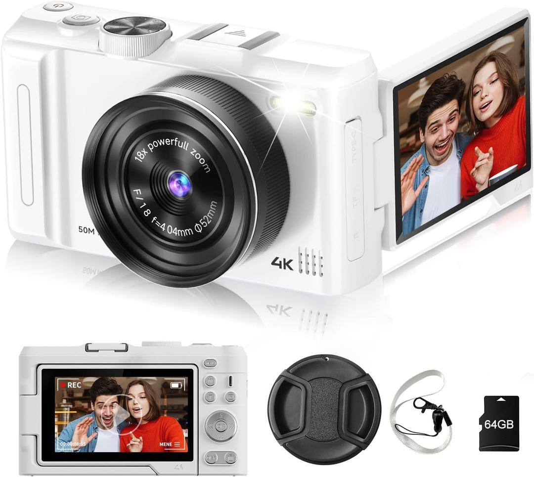 Digital Camera 4K for Photography, 50MP Vlogging Camera for YouTube Video with Flash and 3" 180 Flip Screen, 18X Digital Zoom Compact Travel Cameras with 64GB TF Card for Teens Beginner (White)