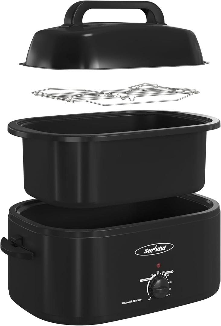 Sunvivi 28 Quart Electric Roaster Oven Turkey Roaster with Lid Electric Roasters with Removable Pan Large Roaster,Visible & Self-basting Lid, Fast Heating & Thaw/warming Setting,Black