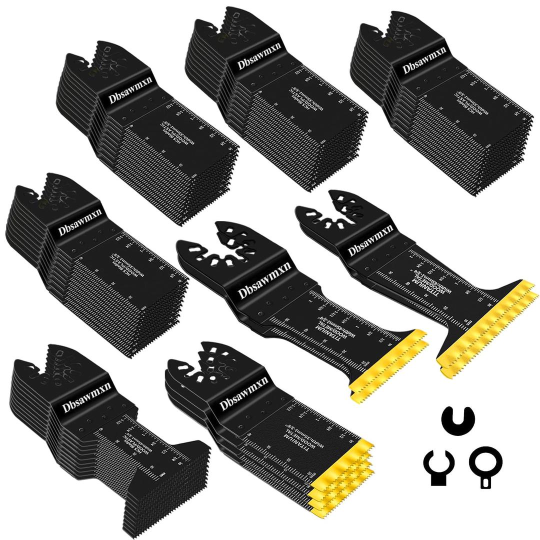 58Pcs Oscillating Tool Blades Kit, Titanium Extra Long& Wide Multitool Saw Blades for Metal Wood Nails Drywall Cutting, Compatible with Dewalt, Dremel, Fein, Milwaukee, Craftsman, Ryobi