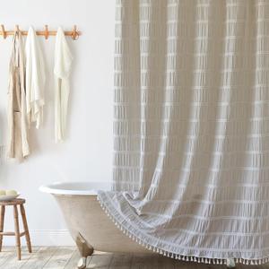 Siiluminisoy Long Shower Curtain 72 x 78 Inch Beige Shower Curtain Fabric Striped Cotton Blend Thick Modern Farmhouse Shower Curtains for Bathroom Vintage Decor, Cream