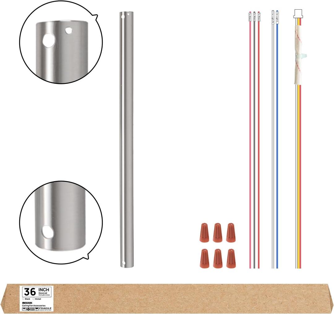Minislak 36 inch Ceiling Fan Downrod,36" Height Ceiling Fan included 9 Extension Wire for Wide Range of Fans Downrod, Unthreaded,Dia 1.02'',Brushed Nickel