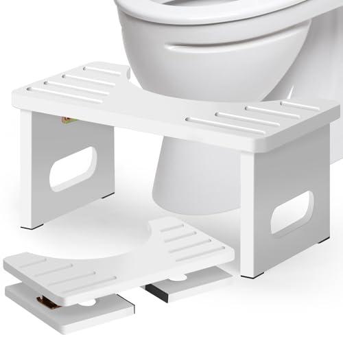 Foldable Toilet Stool, Bamboo Toilet Stool Squat Adults, 7 Inches Poop Stool for Bathroom, Collapsible Potty Step Stool with Non-Slip Strip, Space-Saving, No Assembly (White)