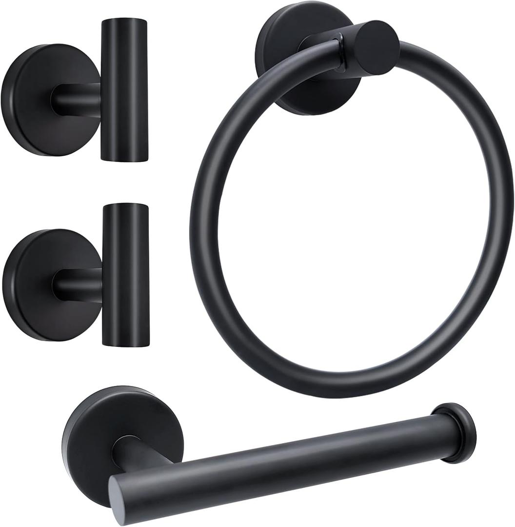Matte Black Bathroom Hardware Set - Stainless Steel Wall-Mounted Toilet Paper Holder, Towel Ring & 2 Handy Hooks for Modern Bathroom Accessories | Rust-Resistant Towel Hook Set with Easy Installation