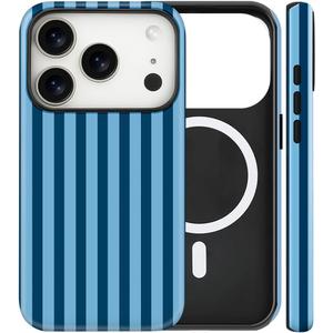 Magnetic for iPhone 17 Pro Case Cute Stripes Phone Case, Shockproof Slim TPU and Hard PC Protective Phone Cover Compatible with MagSafe Designed for Women Girls, Lake Blue