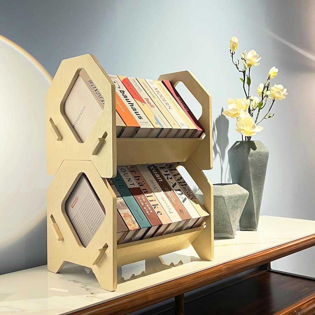 2-Pack Desktop Bookshelf, Stackable Book Organizer with Handle, No-Screw Assembly, Small Storage Rack for CD/Magazines/Folders, Portable Book Shelf for Study, Living Room & Kids Room