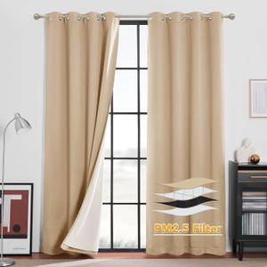 RYB HOME 4-in-1 Dust Filtering Curtains, Mountain Fires Smog Filter Drapes with Melt-Blown Fabric Noise Reducing Window Curtains for Nursery Bedroom, W52 x L84 inch, Biscotti Beige 2 Panels