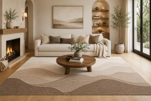 ICE ARMOR 6'7" x 9'10" Cream, Taupe and Brown Soft Layered Waves Area Rug for Living Room, Soft Low Pile with Non-Slip Backing, Bedroom, Dining Area and Office Decor