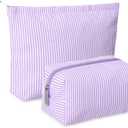 Huhumy 2 Pcs Makeup Bag Set Cute Cosmetic Pouch for Women Seersucker Travel Toiletry Bag Preppy Small Makeup Purse Pouch Aesthetic Skincare Brushes Storage Organizer for Valentine Women(Purple)