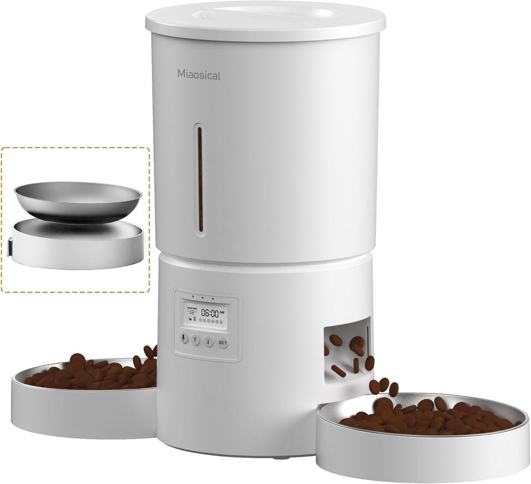 Automatic Cat Feeder for 2 Cats,6 Meals/Day,12 Portions/Meal,Dual Power Double Bowls,Dry Pet Food Autofeeder,10S Voice Record,Flexible Programmable Schedule Timer(White,Stainless Dual Bowls)