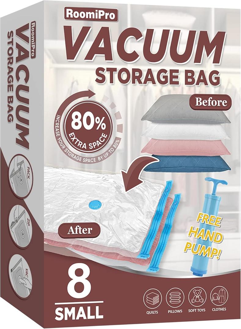 Space Saver Vacuum Storage Bags, 8 Small Vacuum Sealer Bags with Pump, Storage Vacuum Sealed Bags for Clothing, Comforters, Blanket Storage, Bedding