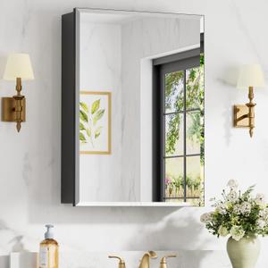 20x28 Inch Medicine Cabinet with Mirror, Aluminum Bathroom Mirror Cabinet, Beveled Edge Mirrored Single Door, Adjustable Shelves, Surface or Recessed Mount Mirrors with Storage, Black