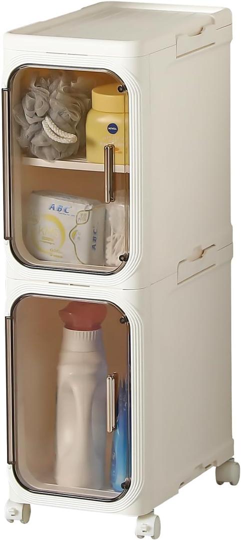 Slim Bathroom Storage Cabinet with Wheels, Thin Bathroom Narrow Storage Cabinet for Small Space in Bathroom, Kitchen, Laundry, Pantry, Cream (2 Tier)