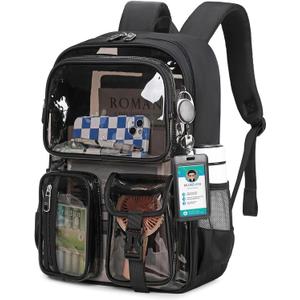 MUSEVOS Clear Backpack for School, Heavy Duty Clear Bookbag for Girls Boys Transparent Backpack with Badge Holder, Semi-Black
