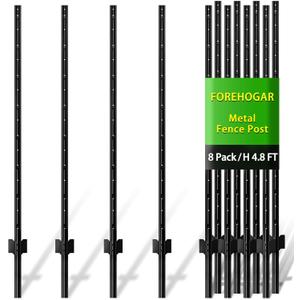 Metal Fence Post Black 4.8 feet, Pack of 8, T Posts for Wire Fence, No Dig Steel U Posts Fencing for Lawn Garden Wire Mesh Fence Poles Sign Outdoor Light Duty