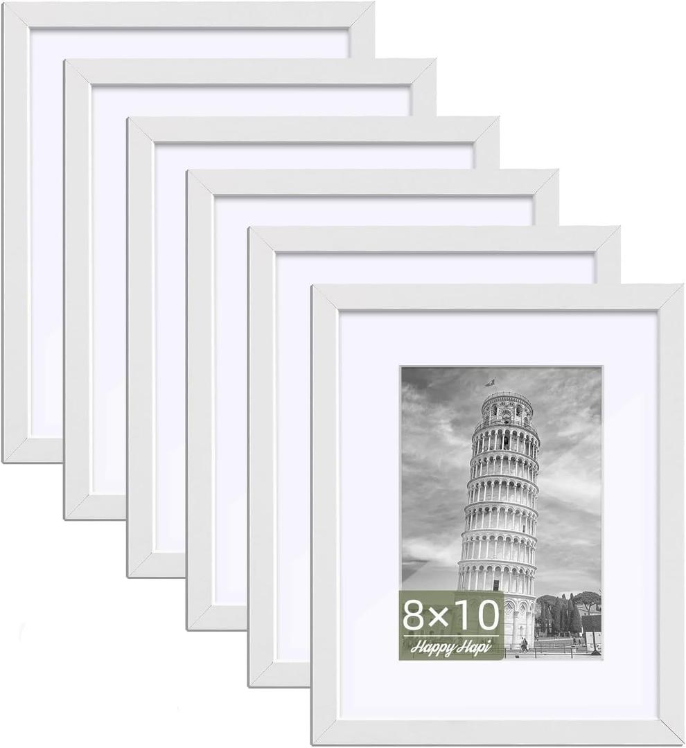 HappyHapi 8x10 Picture Frame Set of 6, 8x10 White Picture Frame Display Pictures 5x7 with Mat or 8x10 Without Mat. Wall Hanging Photo Frame or Tabletop Display Gallery Frame (White)