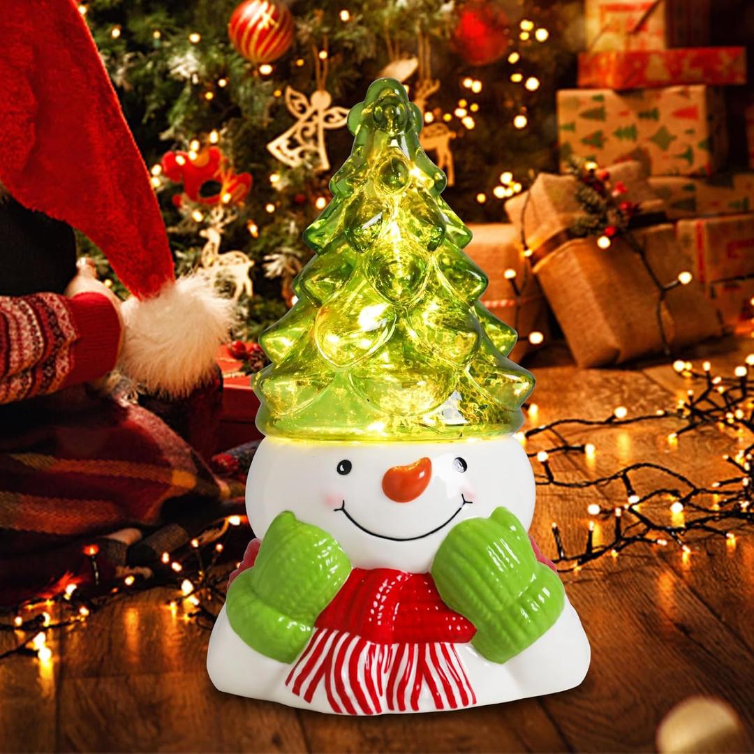 VCUTEKA Small Ceramic Christmas Tree Hand-Painted Vintage Tabletop Christmas Tree Holiday Decoration with Multi-Color Lights Green Xmas Trees Snowmen 8.75inch