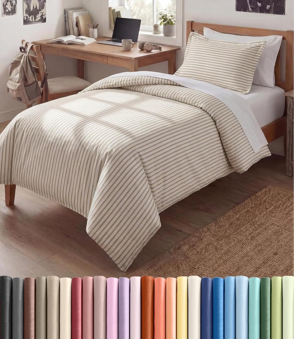 Duvet Cover Twin/Twin XL Size Set - Extra Soft Twin/Twin XL Duvet Cover 68" x 90" with 1 Pillow Sham - Hotel Luxury, Fade Free w/ Zipper Closures & Ties - Comfy, Cozy and Breathable (Beige Stripes)