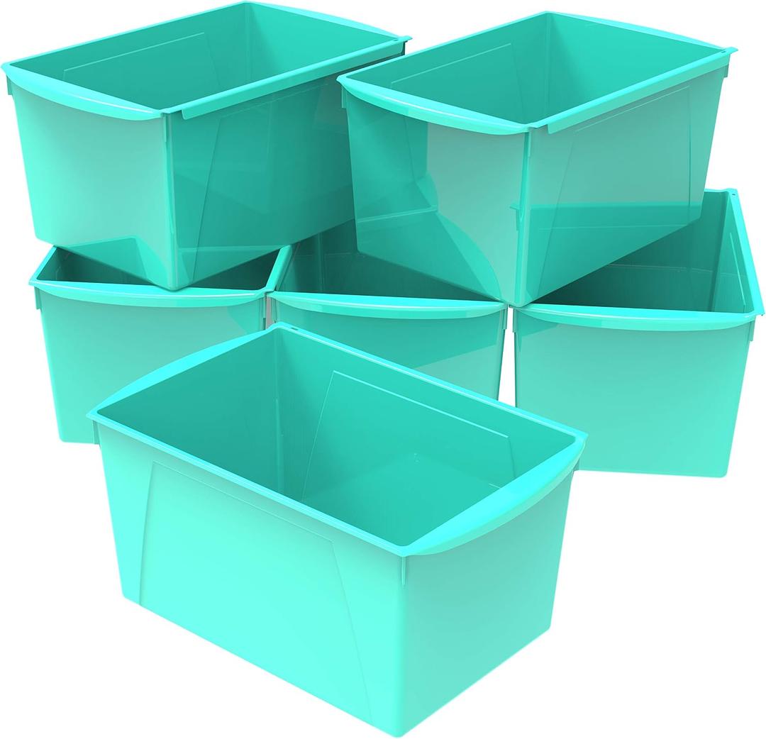 Storex Extra-Large Book Bin, Interlocking Plastic Organizer for Home, Office and Classroom, Teal, 6-Pack (71134U06C)