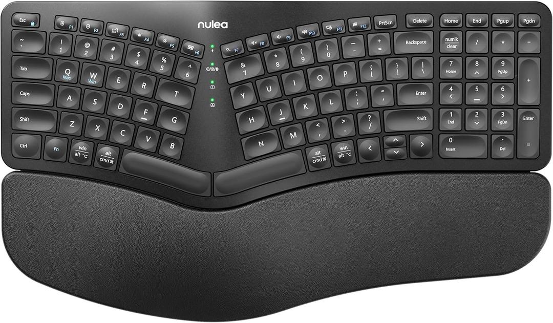 Nulea RT05B Wireless Ergonomic Keyboard, Split Keyboard with Cushioned Wrist Rest, Bluetooth and USB Connectivity, USB-C Rechargeable, Compatible with Windows/Mac
