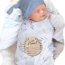 Ylsteed Baby Swaddle Blanket and Headband Set, Newborn Receiving Blanket Swaddle Wrap for Girls and Boys, Swaddling Blankets Neutral for Newborn Soft and Skin-Friendly 32 * 32 inches (Blue Leaves)