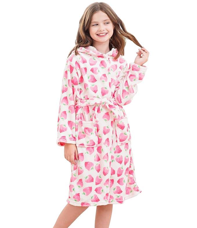 Doctor Unicorn Soft Hooded Rainbow Bathrobe Sleepwear for Girls, 14-16Y, Pink White Strawberry