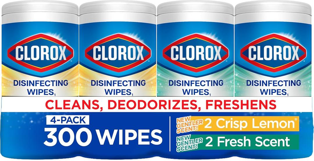 4 x Clorox Disinfecting Cleaning Wipes for Spring Cleaning & Allergy Season, Bleach Free, Fresh Scent and Crisp Lemon, 75 Count Each, Pack of 4