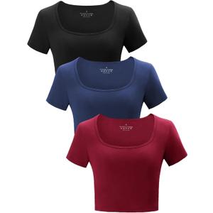 3 Pack Women's Crop Tops Workout Tshirt Cotton Short Sleeve T Shirts Cropped Basic Tees ((Square Neck) Burgundy/Navy/Black)