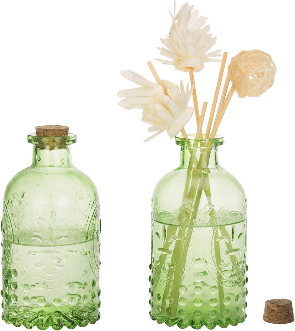 MyGift Vintage Embossed Green Glass Small Reed Diffuser Bottle with Cork Lid, Decorative Flower Bud Vase, Set of 2