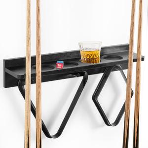 Pool Stick Holder Wall Mount - 4 Pool Cue Rack with Accessories Shelf and 4 Drink Holders - Bamboo Billiard Cue Rack for Game Room or Bar - Black - 5.1 x 23.2 x 4.3 Inches