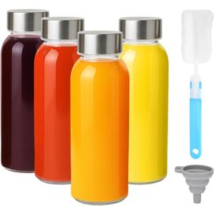 Zukro Glass Water Bottles with Lids 10.5 oz, 4 Pack Reusable Clear Glass Small Juice Bottles With Stainless Steel Cap for Juicing, Milk, Ginger Shot, BPA Free Leak Proof 300ml Drinking Jar