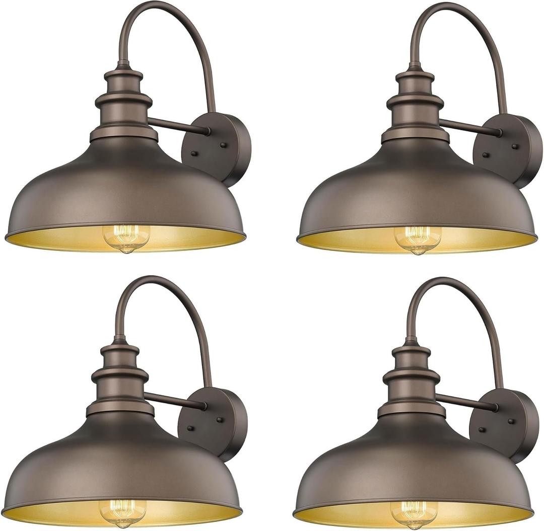 Bestshared 4 Pack Outdoor Wall Lights, Farmhouse Barn Light, Water Resistant Outdoor Wall Mount Lantern, E26 Base Farmhouse Outside Sconce, Exterior Porch Light for House Frontdoor Entryway Garage (11.5" Dome - 4 Pack, ORB+Gold)
