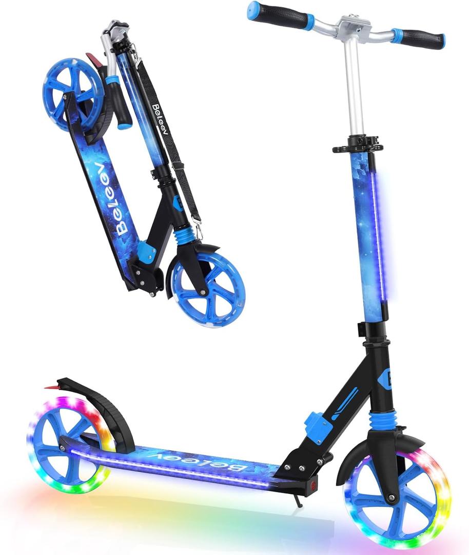 BELEEV V8 Scooters for Kids Ages 6+ with Light-Up Deck, 2 Wheel Folding Scooter for Adults Teens, 4 Adjustable Height, Lightweight Sport Commuter Scooter, Sturdy Frame, Max Load 220 lbs (Galaxy Blue)