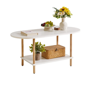 Oval Coffee Table White, Small Wooden Coffee Table for Small Space, Tea Table Stand 35 * 16 * 17 inches, 2 Tier Center Table for Living Room White YD-012W