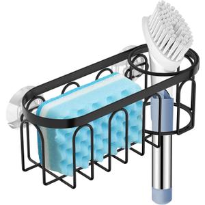 Yazoni 2-in-1 Sponge Holder for Kitchen Sink, Suction Cup Sponge Rack Kitchen Caddy, No Drill Rustproof Sink Organizer Holder for Place Dishwashing Brush Soap (Black)