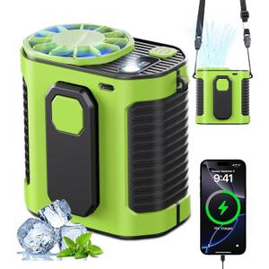 Portable Waist Fan, 10-Speed Rechargeable Body Fan with LED Light,Hands Free Wearable Belt Clip Waist Fans, 10000mAh Battery Cooling Fans, Dual Clips/Power Bank, 15000RPM for Camping, Outdoor, Jobsite (Green)