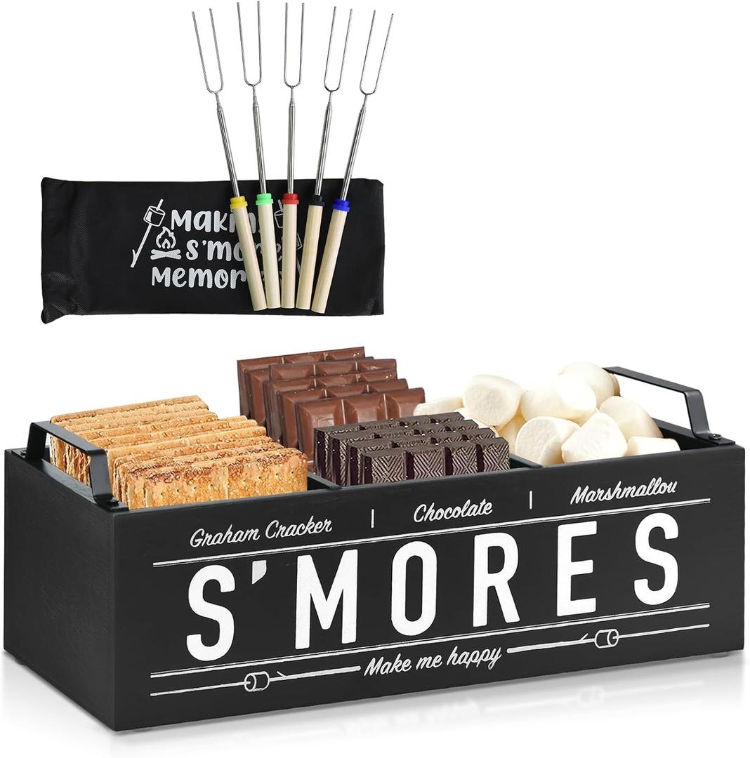 S'Mores Station, Farmhouse Smores Caddy with Handles, Smores Kit for Fire Pit Smores Maker Box, Smores Bar Station with 5Pcs Extendable Marshmallow Roasting Sticks, Camping Essentials Gear Accessories