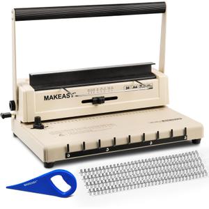 MAKEASY Binding Machine - Wire Binding Machine, 34 Hole, 15 Sheets Punch Capacity, Metal Book Maker Machine with 1 Box Wire Spines & Ring Opener (Beige)