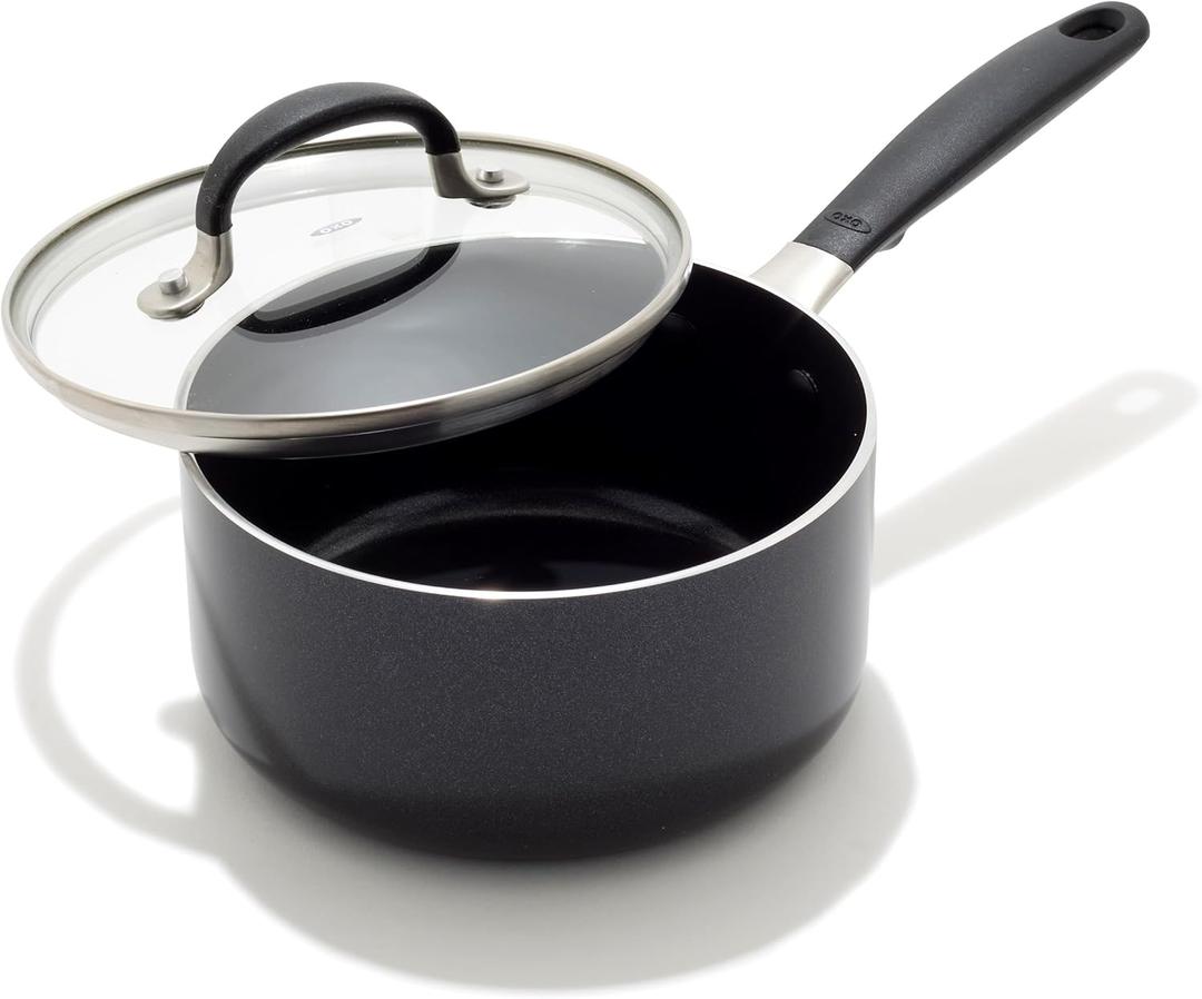 OXO 1.6QT Non-Stick Every Day Sauce Pan with Glass Lid, BPA-Free Comfort Grip Silicone Handle, Dishwasher & Oven Safe, PFAS-Free Ceramic Skillets, Sauce & Soup Chef Pot, Drip-Free, Black