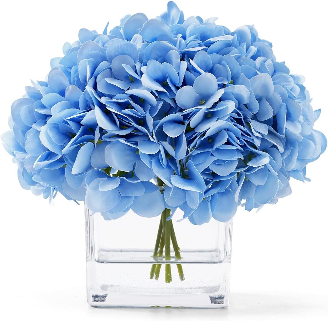 Silk Blue Artificial Hydrangea in Vase with Faux Water, Silk Flower Arrangements in Vase for Home Decor, Wedding Table (Blue)